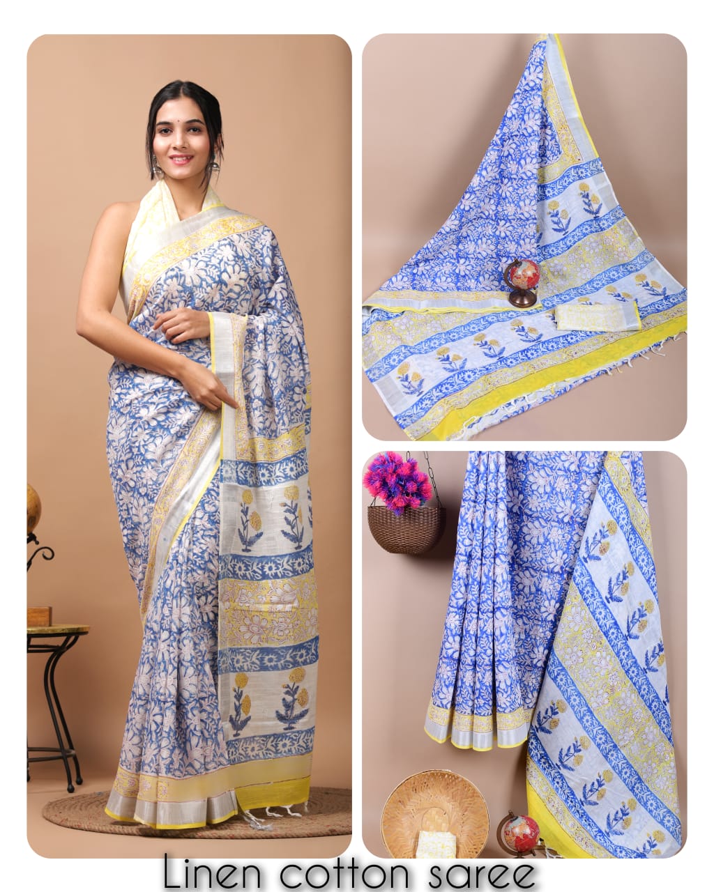 Ajrakh prints kolkata linen cotton saree