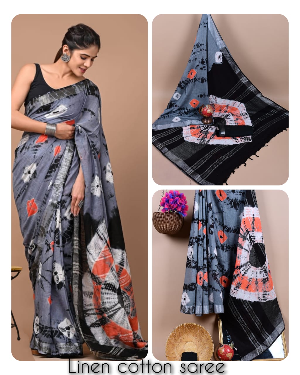 Ajrakh prints kolkata linen cotton saree