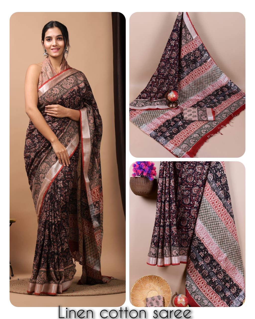 Ajrakh and Light Weight Linen Cotton Saree