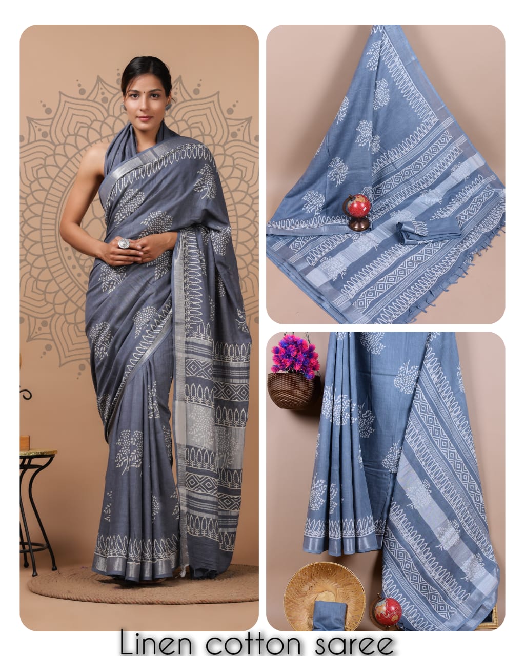 Ajrakh and Light Weight Linen Cotton Saree