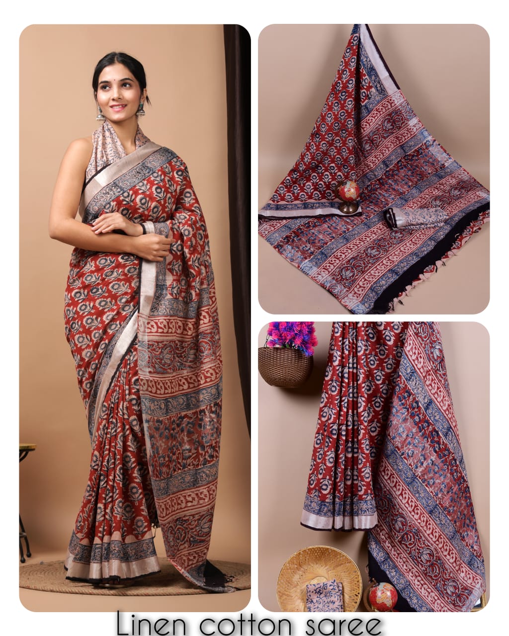 Ajrakh and Light Weight Linen Cotton Saree