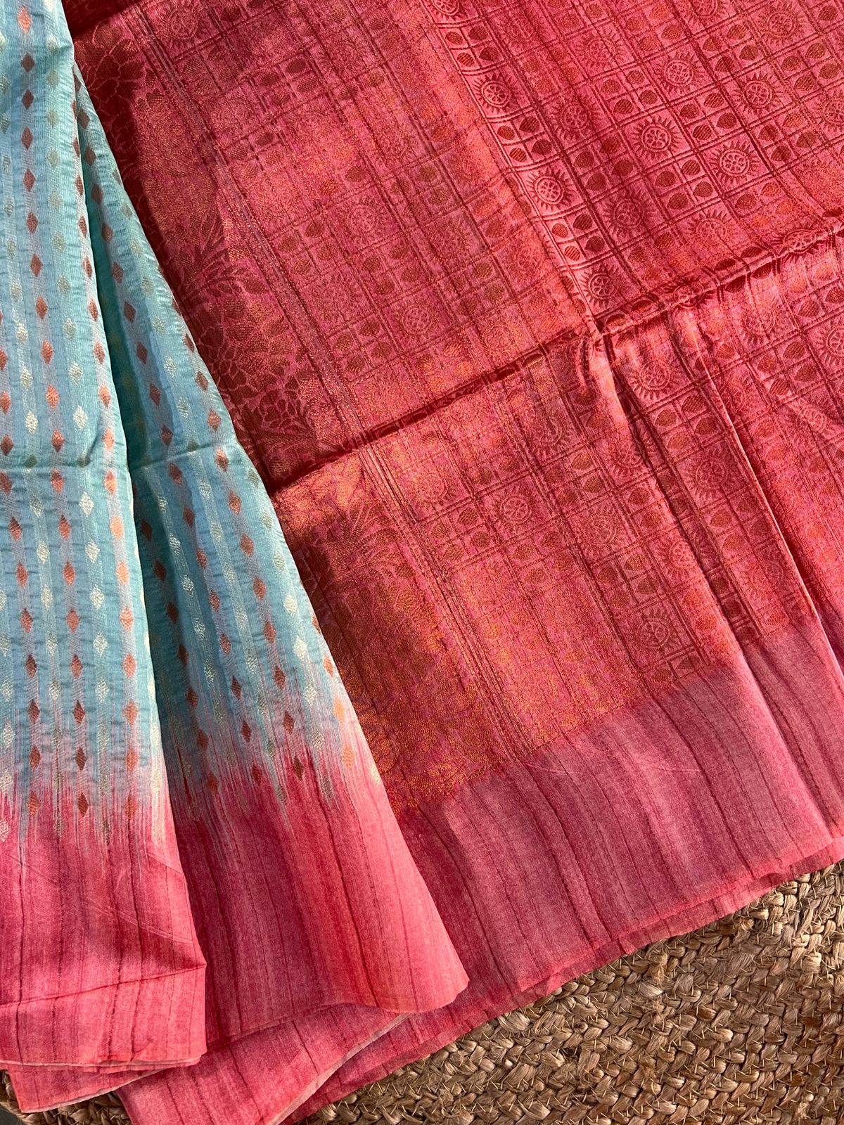 Royal Beige Woven Banarasi Tussar Silk Saree With Berry Red Border – Zari  Banaras