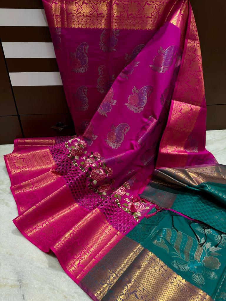 Silk Saree For Women | Vibrant Lime and Pink Border Pure Soft Silk Saree  with Fashionable Blouse Piece – Glamatyou Fashion