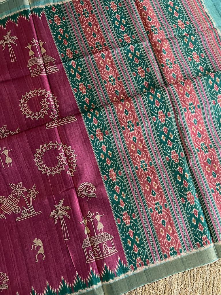 Bengal made semi tussar silk warli printed saree