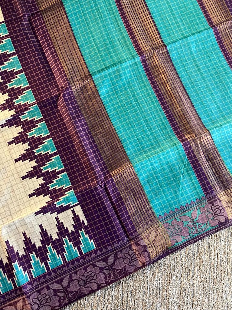 Bengal semi tussar silk checks pattern saree