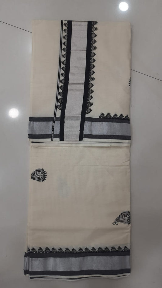 Black and silver kerala cotton saree