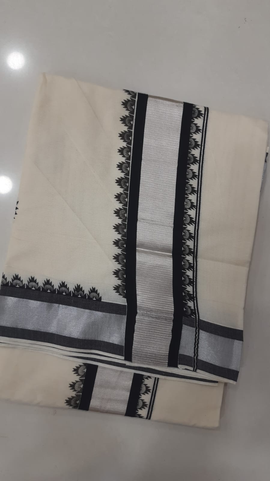 Black and silver kerala cotton saree