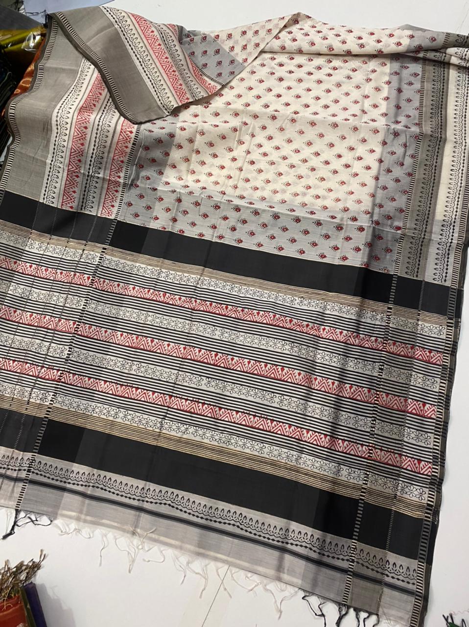 Block printed pure Maheshwari handloom saree