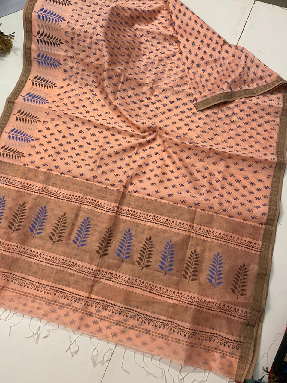 Block printed pure Maheshwari handloom saree