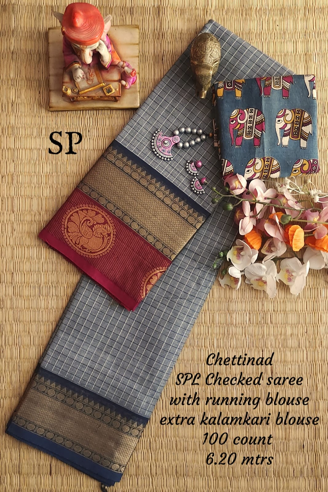 Chettinad cotton 100 count checked saree