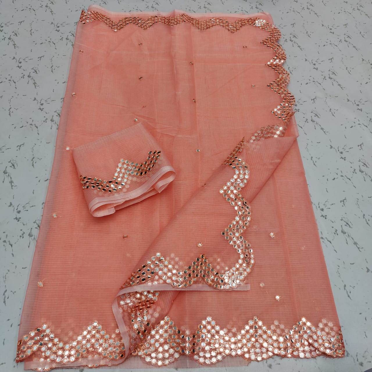 Cotton kota foil mirror cut work saree