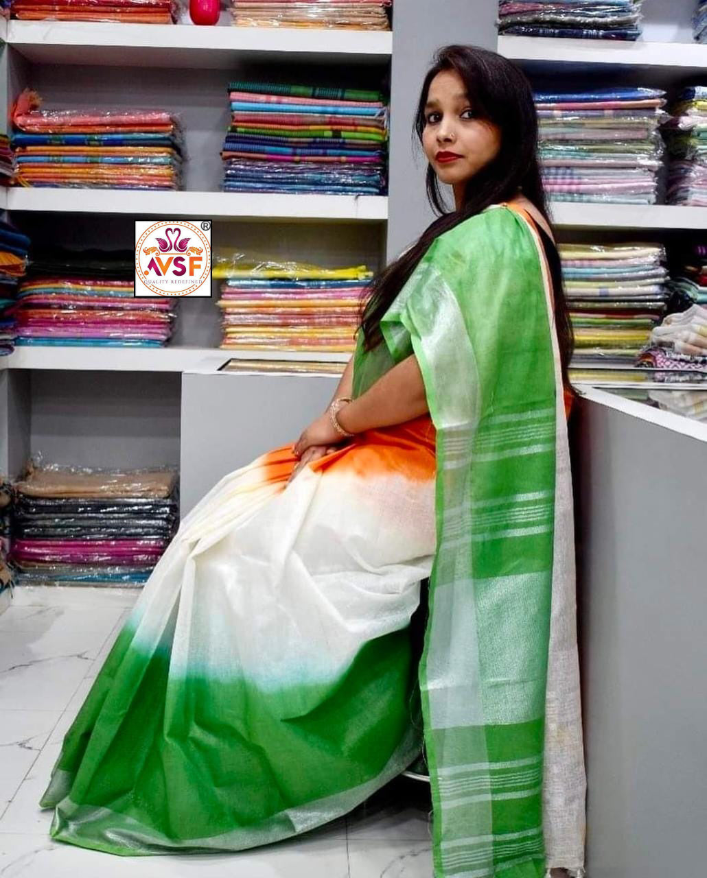 Cotton slub tri color saree