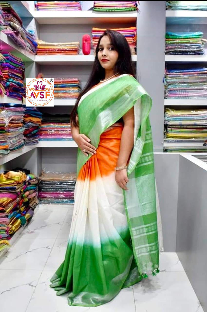 Cotton slub tri color saree