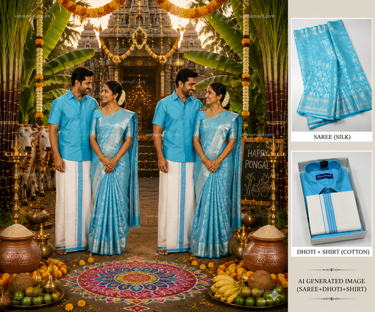 Semi Silk Saree & Cotton Dhoti Shirt - Couple Combo Set