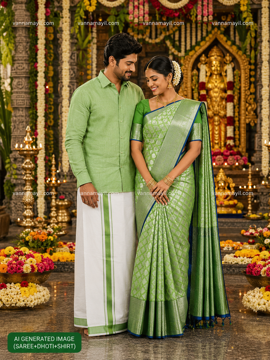Semi Silk Saree & Cotton Dhoti Shirt - Couple Combo Set