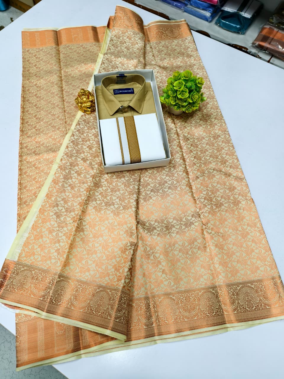 Semi Silk Saree & Cotton Dhoti Shirt - Couple Combo Set