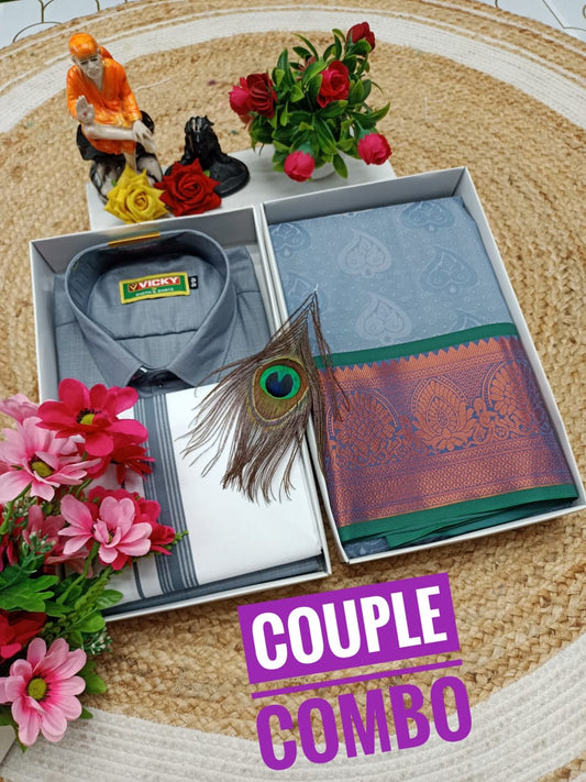 Couple Combo - Semi Silk Saree & Dhoti Shirt