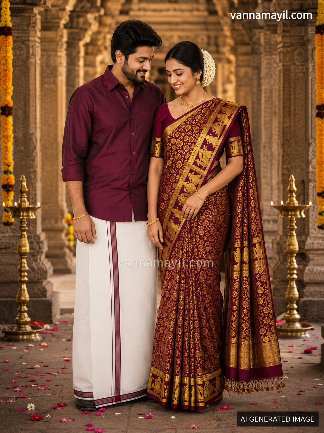 Semi Silk Saree & Cotton Dhoti Shirt - Couple Combo Set