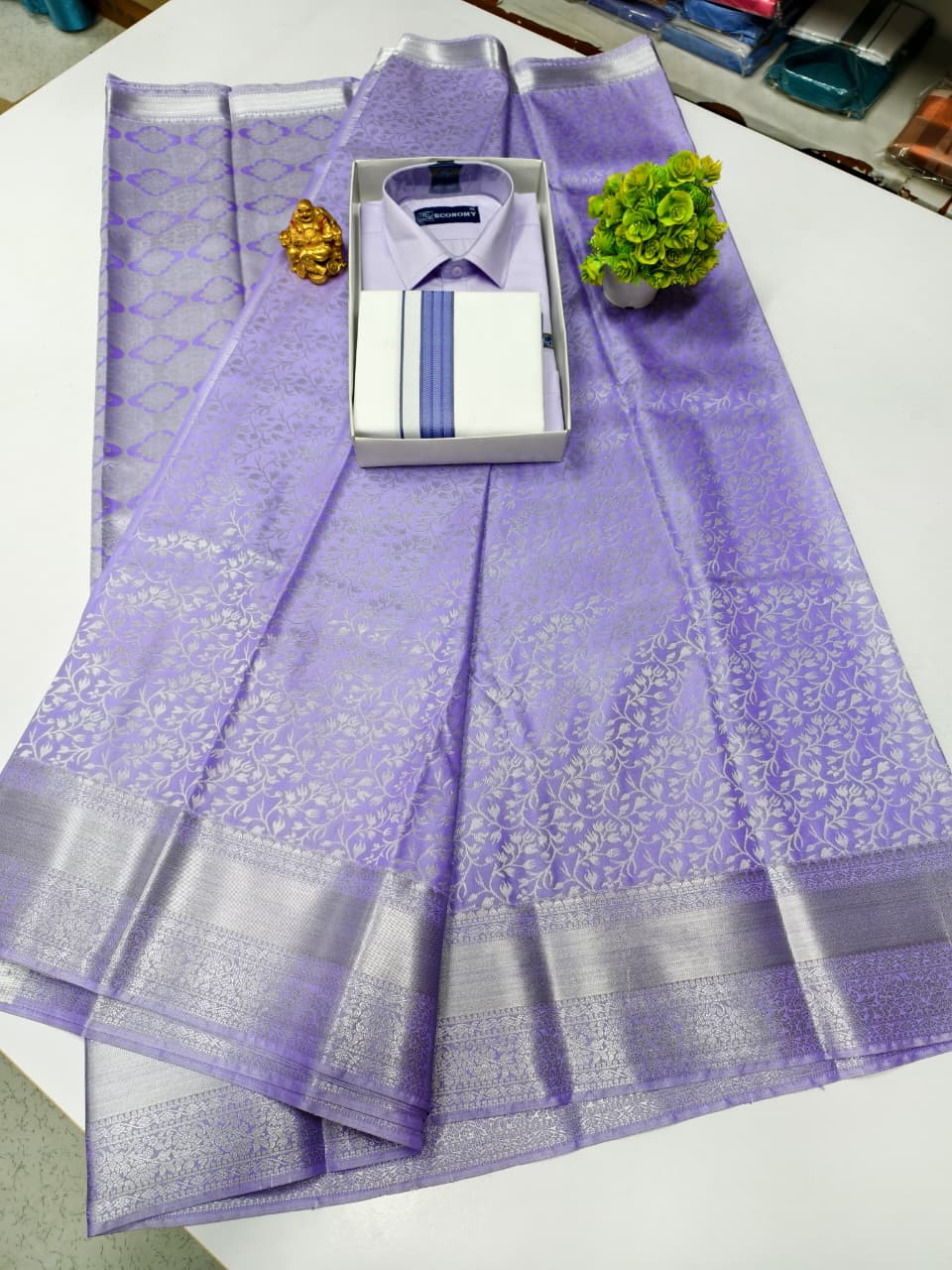 Semi Silk Saree & Cotton Dhoti Shirt - Couple Combo Set