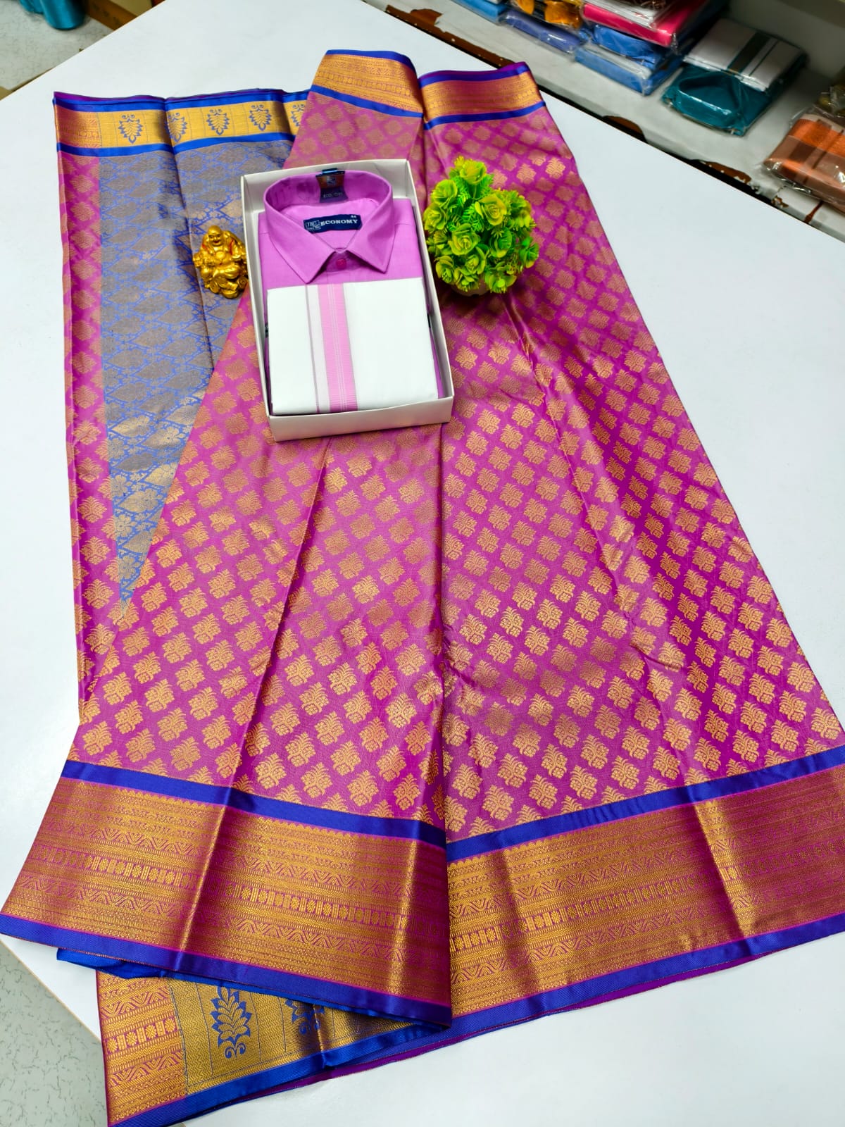 Semi Silk Saree & Cotton Dhoti Shirt - Couple Combo Set