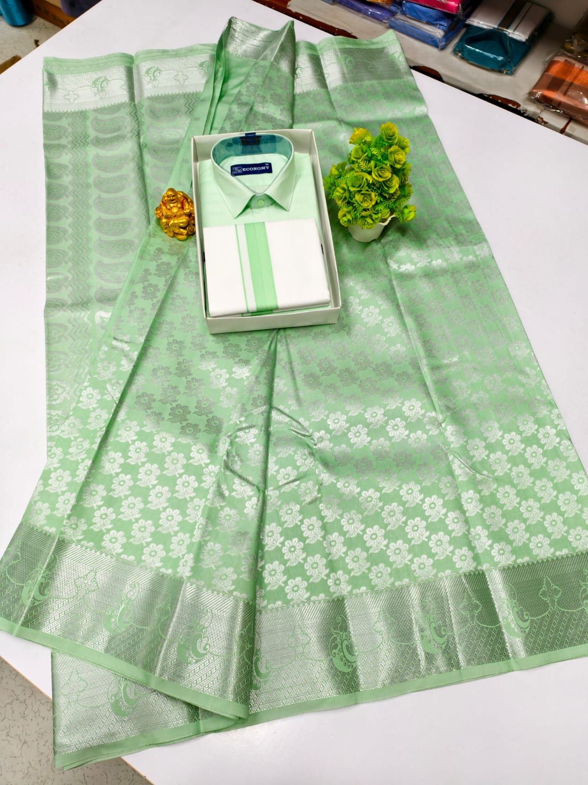 Semi Silk Saree & Cotton Dhoti Shirt - Couple Combo Set