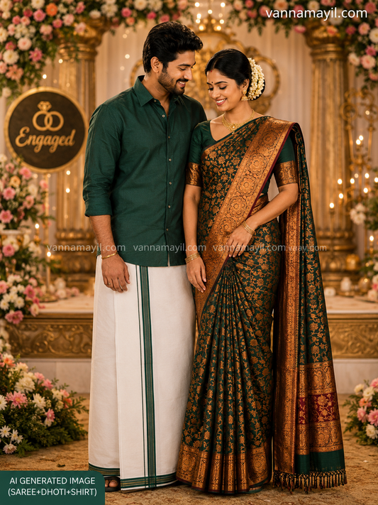 Semi Silk Saree & Cotton Dhoti Shirt - Couple Combo Set