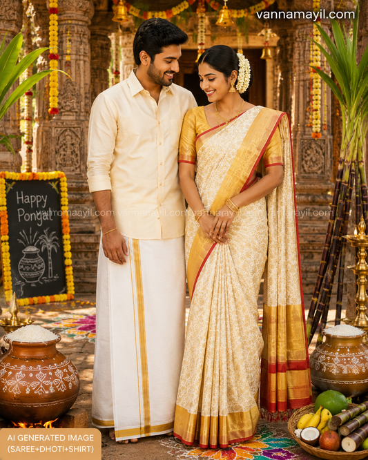 Semi Silk Saree & Cotton Dhoti Shirt - Couple Combo Set