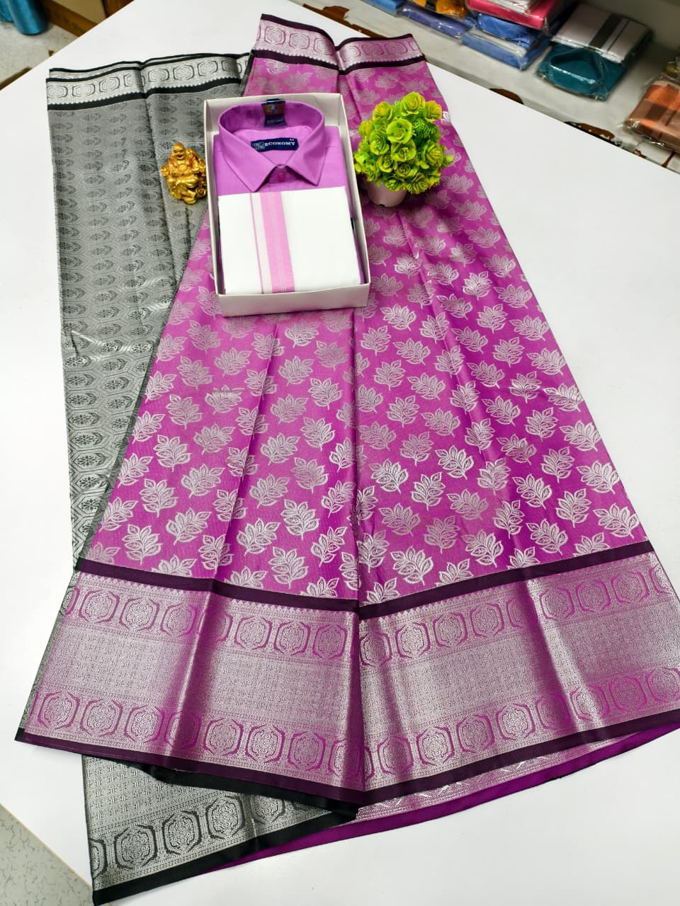 Semi Silk Saree & Cotton Dhoti Shirt - Couple Combo Set