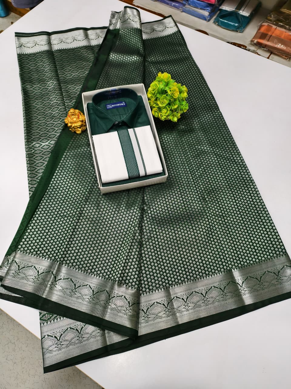 Semi Silk Saree & Cotton Dhoti Shirt - Couple Combo Set