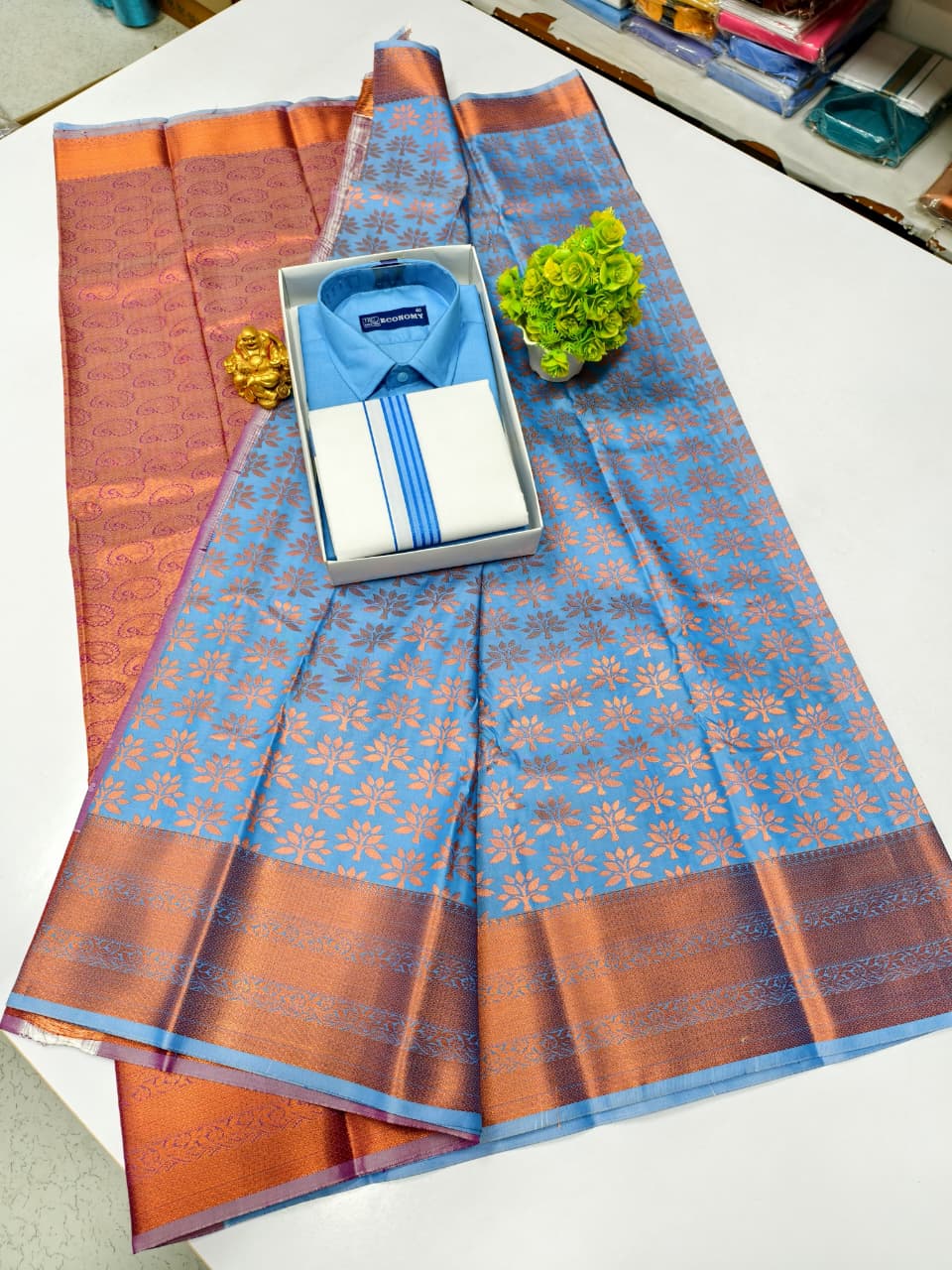 Semi Silk Saree & Cotton Dhoti Shirt - Couple Combo Set