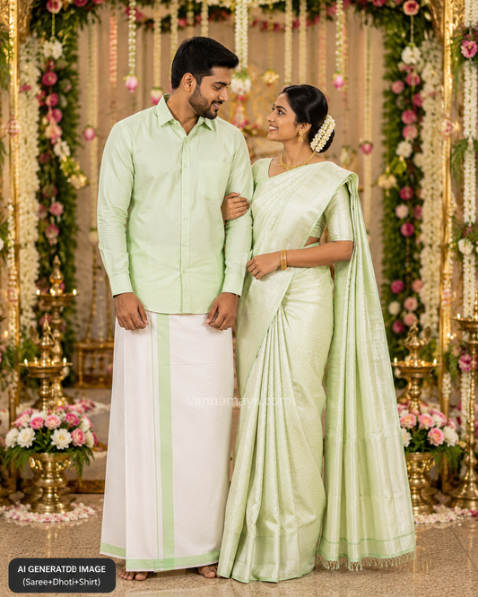 Semi Silk Saree & Cotton Dhoti Shirt - Couple Combo Set