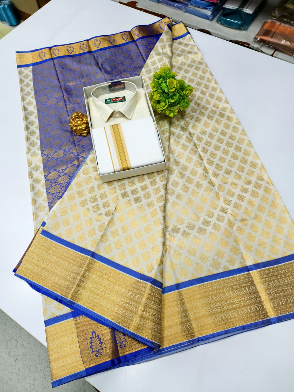 Semi Silk Saree & Cotton Dhoti Shirt - Couple Combo Set
