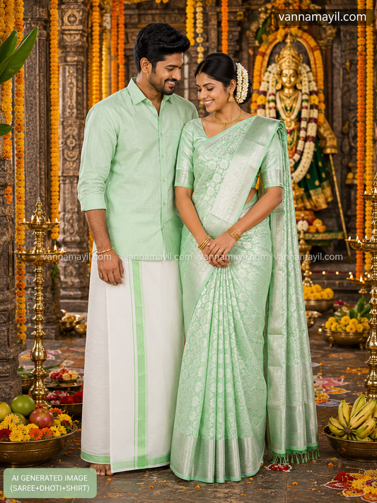 Semi Silk Saree & Cotton Dhoti Shirt - Couple Combo Set