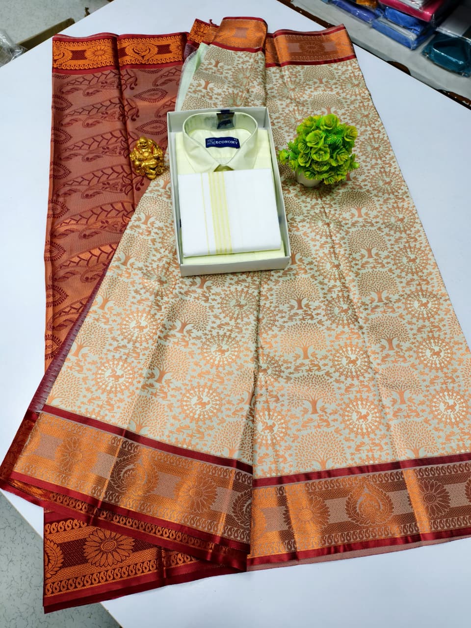 Semi Silk Saree & Cotton Dhoti Shirt - Couple Combo Set