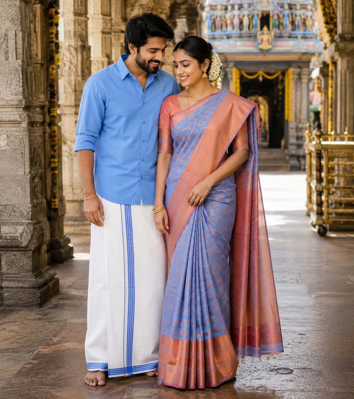 Semi Silk Saree & Cotton Dhoti Shirt - Couple Combo Set