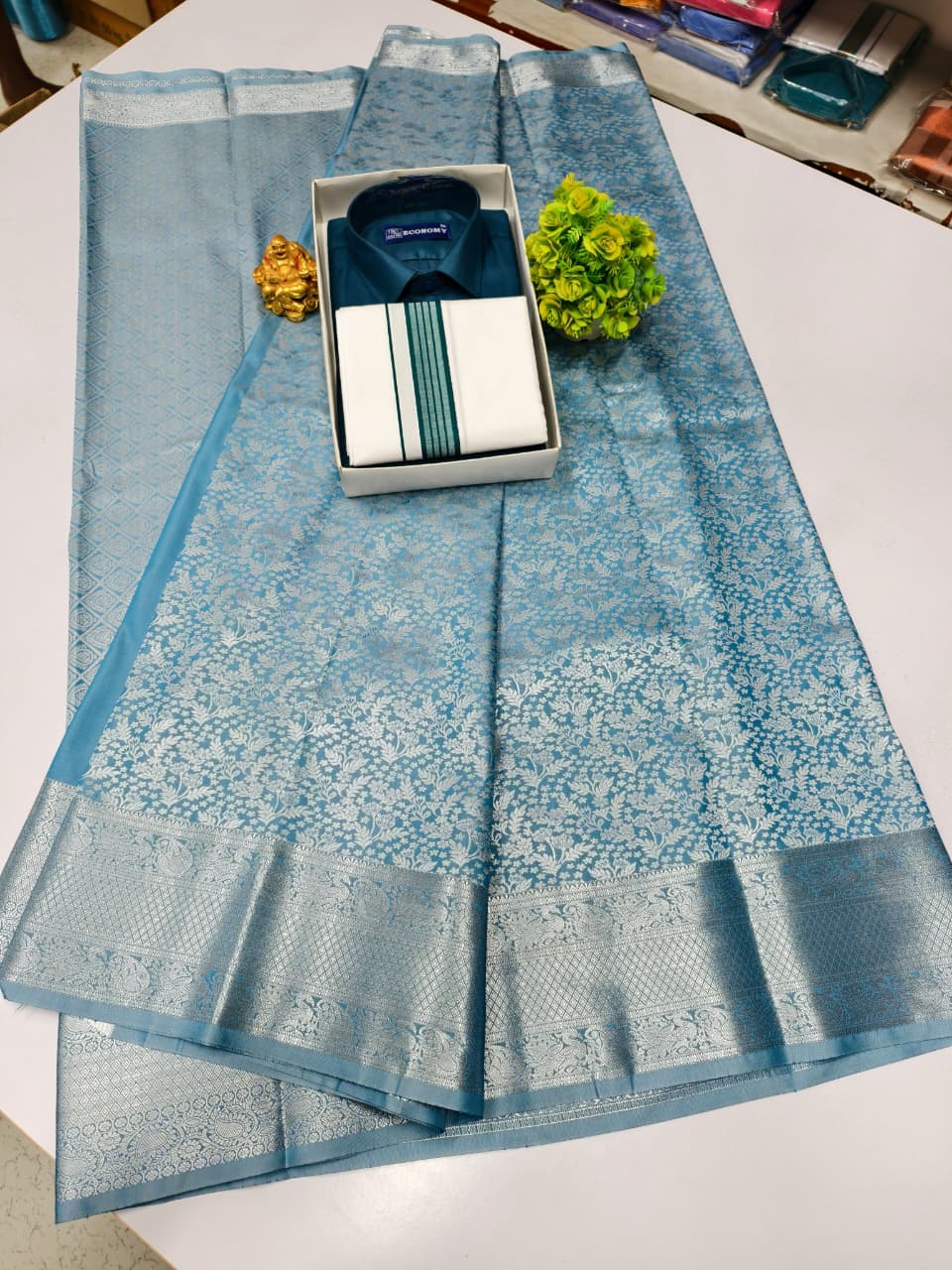 Semi Silk Saree & Cotton Dhoti Shirt - Couple Combo Set