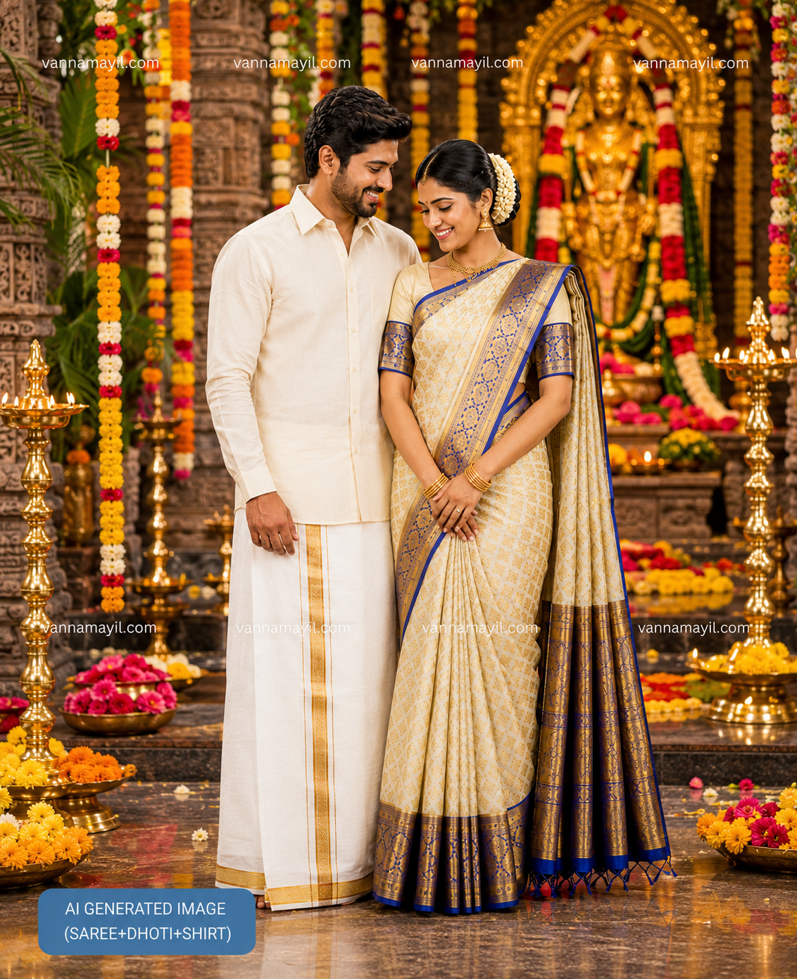Semi Silk Saree & Cotton Dhoti Shirt - Couple Combo Set