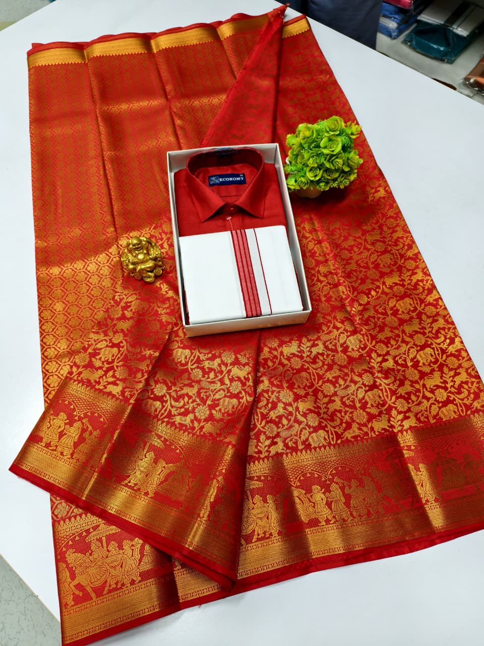 Semi Silk Saree & Cotton Dhoti Shirt - Couple Combo Set