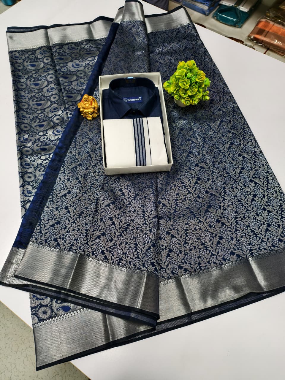 Semi Silk Saree & Cotton Dhoti Shirt - Couple Combo Set