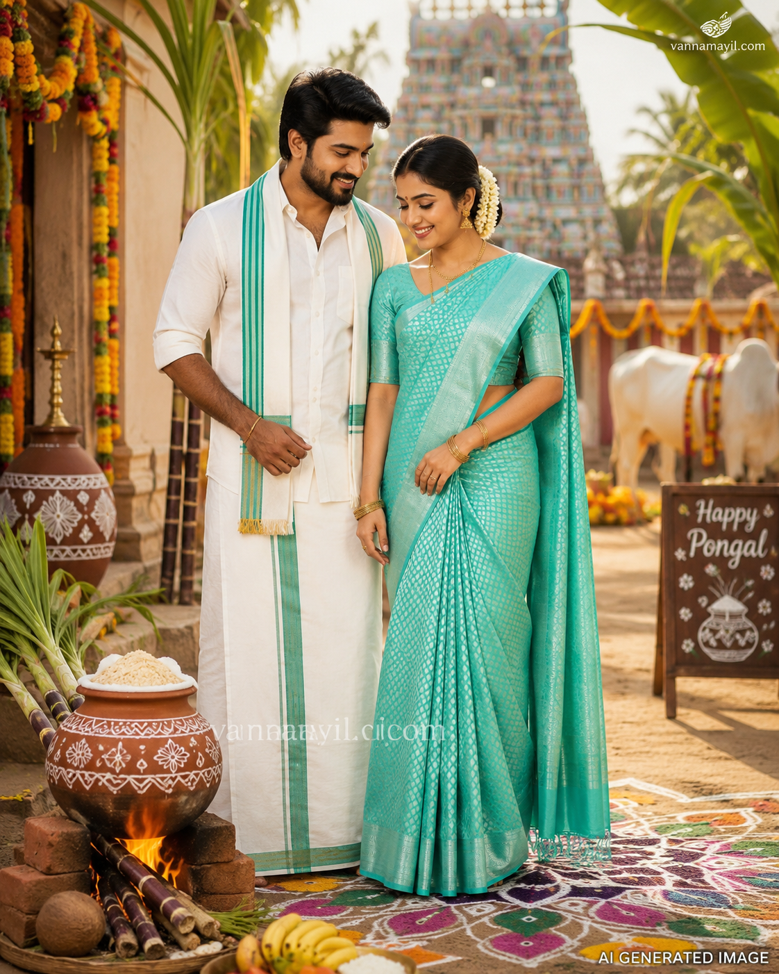 Semi Silk Saree & Cotton Dhoti Shirt - Couple Combo Set
