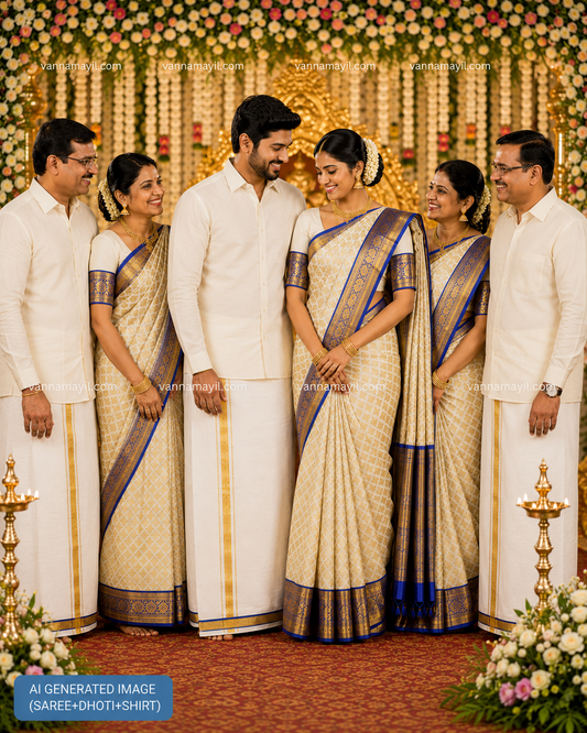 Semi Silk Saree & Cotton Dhoti Shirt - Couple Combo Set