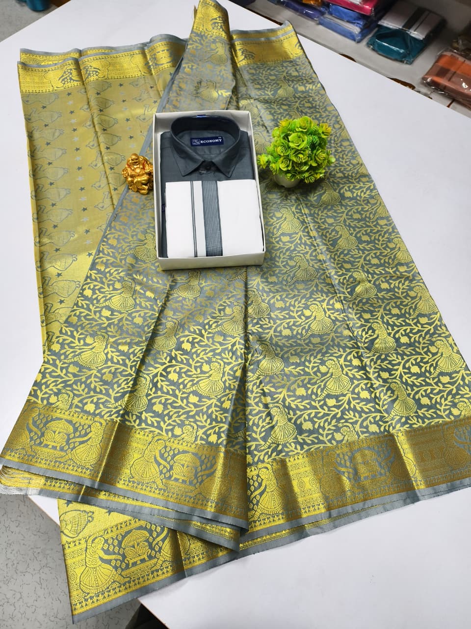 Semi Silk Saree & Cotton Dhoti Shirt - Couple Combo Set