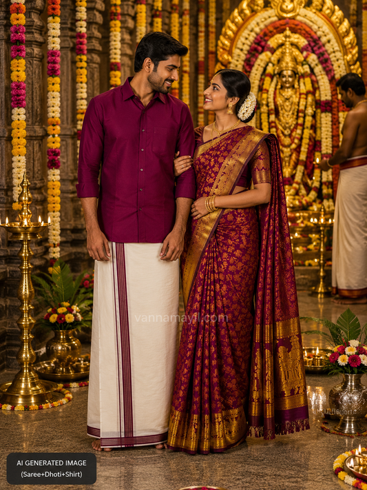 Semi Silk Saree & Cotton Dhoti Shirt - Couple Combo Set