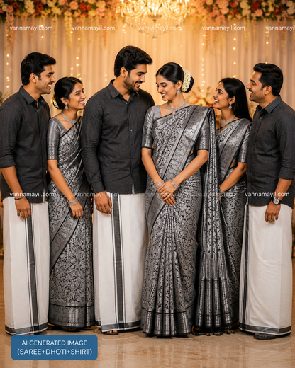 Semi Silk Saree & Cotton Dhoti Shirt - Couple Combo Set