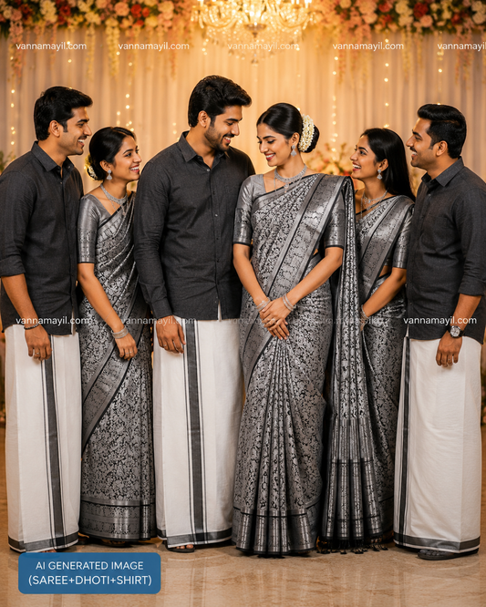 Semi Silk Saree & Cotton Dhoti Shirt - Couple Combo Set