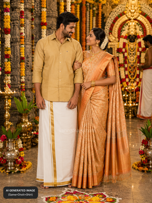 Semi Silk Saree & Cotton Dhoti Shirt - Couple Combo Set