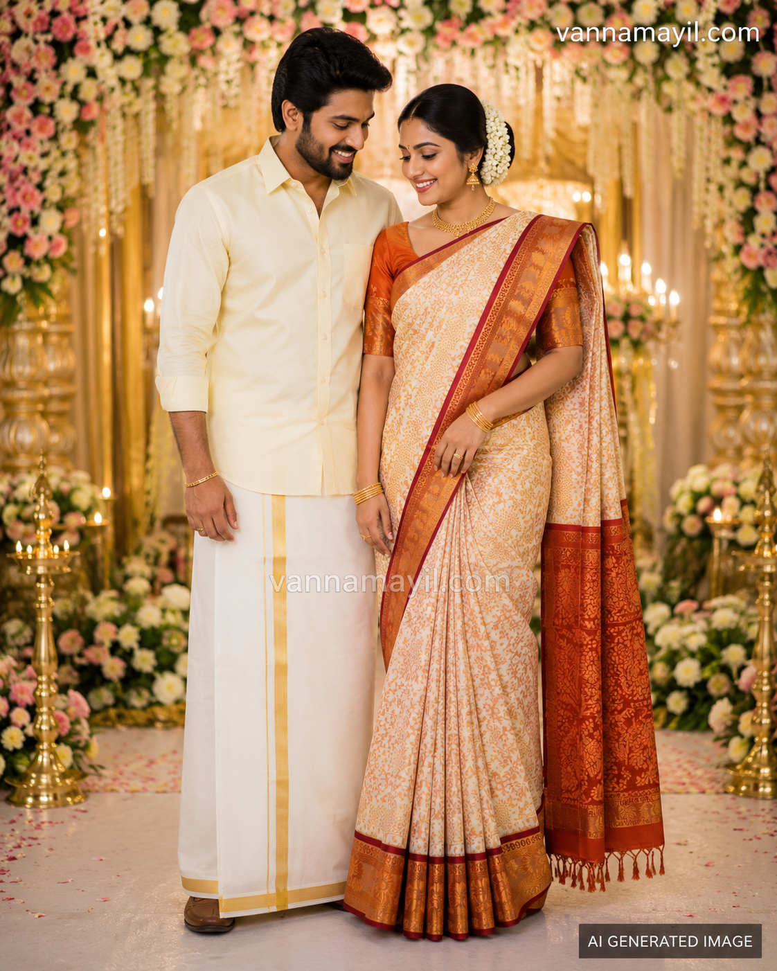 Semi Silk Saree & Cotton Dhoti Shirt - Couple Combo Set