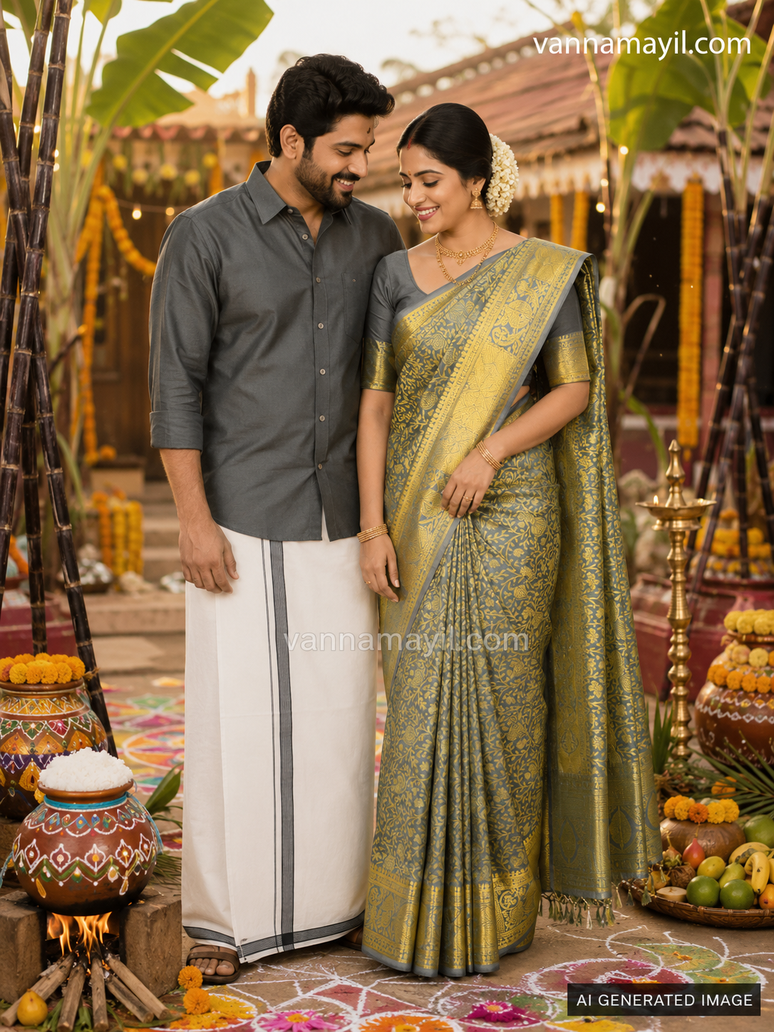 Semi Silk Saree & Cotton Dhoti Shirt - Couple Combo Set