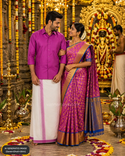 Semi Silk Saree & Cotton Dhoti Shirt - Couple Combo Set