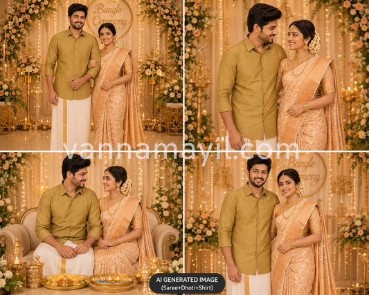 Semi Silk Saree & Cotton Dhoti Shirt - Couple Combo Set